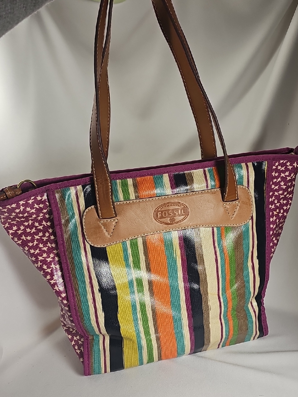 Fossil Coated Canvas Multicolor Striped Tote w/ Purple Panels & Tan Leather Trim